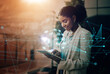 Futuristic, social network app or woman with tablet hologram of world user data or global analytics. Mobile tech ux, ui or business black woman with web internet, social media and future digital info