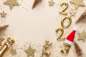 Happy New Year 2023 poster. Christmas background with gold 2023 numbers.