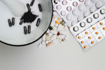 Wall Mural - All the equipment needed for the production of drugs and medicines in capsule form. Pills and mortar