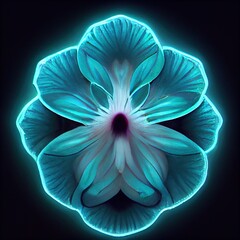 Wall Mural - Illustration of glowing luminescent magic flower on a black background. Digital artwork.