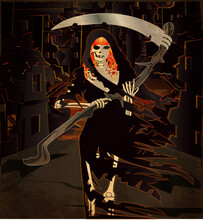 Redhair Lady Grim Reaper In A Ruined City, Vector Illustration