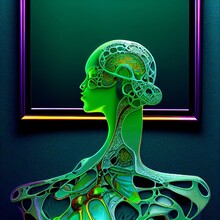 Surrealist Portrait Of A Woman, Green Female Sculpture In Front Of An Empty Picture Frame, Human Brain Anatomy, Generative Ai