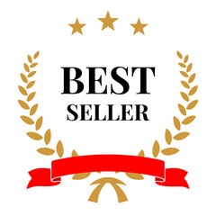 Wall Mural - best seller golden laurel wreath with star, red ribbon and black text. vector quality badge, emblem,