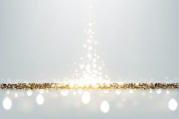 Wall Mural - Gold glitter and silver sparkle of falling confetti in spotlight light beam vector illustration. 3d realistic magic burst of glittery glamour particles with blur of bokeh on light background