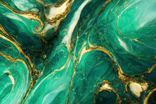 Abstract Marble Textured Background. Fluid Art Modern Wallpaper. Marbe Gold And Green Surface	