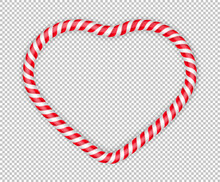 Frame Christmas Candy Cane. Christmas Heart Stick. Traditional Realistic Xmas Candy And Red, White Stripes. Santa Caramel Cane On Transparent Background. Vector Illustration