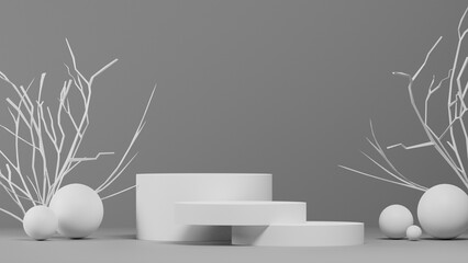 Poster - gray monochrome background with white pedestal or podium mockup, empty platform for product showcase and presentation, 3d rendering