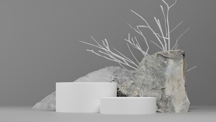 Poster - gray monochrome background with white pedestal or podium mockup, empty platform for product showcase and presentation, 3d rendering