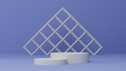 Poster - blue background with white geometry pedestal or podium mockup, empty platform for product showcase and presentation, 3d rendering