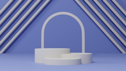 Poster - blue background with white geometry pedestal or podium mockup, empty platform for product showcase and presentation, 3d rendering