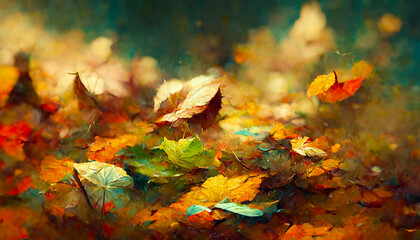 Wall Mural - autumn background with colorful leaves, digital illustration, created with generative ai