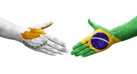 Wall Mural - Handshake between Brazil and Cyprus flags painted on hands, isolated transparent image.