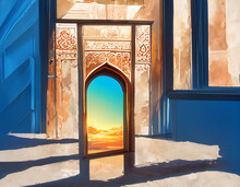 Abstract Oriental Background With Vibrant Colors At Noon. Architectural Arch Digital Illustration