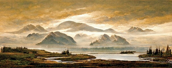 Poster - Landscapes of Alaska, sunset at the lake, panorama view. North America watercolor painting. Digital art.