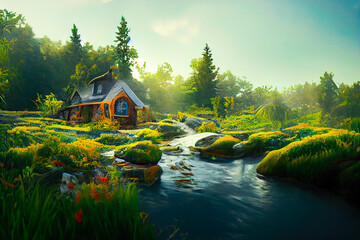 Painting style digital art of spectacular cottage in forest 3D illustration