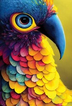 Portrait Of Multicolored Parrot, Close-up, Tropical Exotic Colorful Bird, Digital Art.