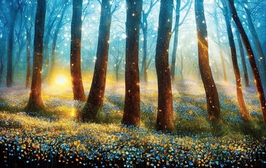 Canvas Print - Night in the fairy tale forest, covered in blue and yellow flowers. Fantasy illustration, digital art