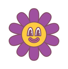 Aufkleber - Psychedelic flower concept. Purple smiling daisy, botany and plants. Graphic element for website, poster or banner. Label for kids in retro and old style, hippie. Cartoon flat vector illustration