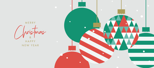 Aufkleber - Merry Christmas and Happy New Year banner, greeting card, poster, holiday cover, header. Modern Xmas design with triangle firs pattern in green, red, white colors. Christmas tree and balls decoration