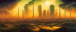 Artistic concept painting of a city pollution and climate change  , background illustration.
