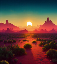 Digital Illustration Of Western Desert Landscape.