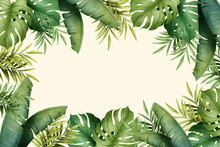 Hand Drawn Branches And Leaves Of Tropical Plants. Natural Green Background With Space For Text. Watercolor Floral Frame