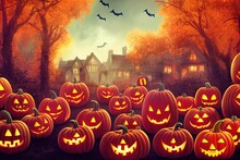 A Field Full Of Pumpkins With Bats In The Sky, The Halloween Pumpkin Field Is Full Of Many Carved Jack - O'- Lanterns. Generative AI