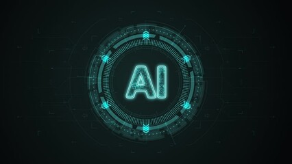 Poster - Motion graphic of Blue digital AI logo with rotation HUD circle technology interface and futuristic elements abstract background
