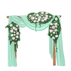Garland of white roses and turquoise drapery decorated arch for wedding altar. Hand drawn watercolor wedding elegant arch.