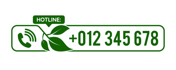 Hotline Support Service call number design with green leaf. green vector illustration