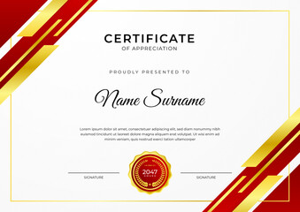 Certificate of achievement red template design with gold badge and border for business, award, honor and school