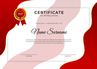 Certificate of achievement red template design with gold badge and border for business, award, honor and school