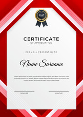 Certificate of achievement red template design with gold badge and border for business, award, honor and school