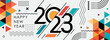 © Zeedign.com - happy new year 2023 cover with modern geometric abstract background in retro style. happy new year greeting card banner design for 2023 calligraphy includes colorful shapes. Vector illustration