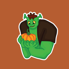 the male ogre holds the pumpkin, halloween orc, fantasy monster with the pumpkin, holiday sticker with white offset path