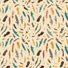 Grunge Seamless Pattern With Colored Disheveled Feathers On A Beige Backdrop. Vector Repeating Background With Chaotic Scattered Bird Plumelets In Boho Style. Wallpaper, Wrapping Paper, Fabric Design