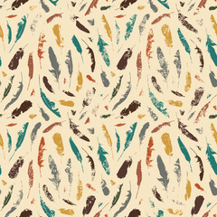 Poster - Grunge seamless pattern with colored disheveled feathers on a beige backdrop. Vector repeating background with chaotic scattered bird plumelets in boho style. Wallpaper, wrapping paper, fabric design