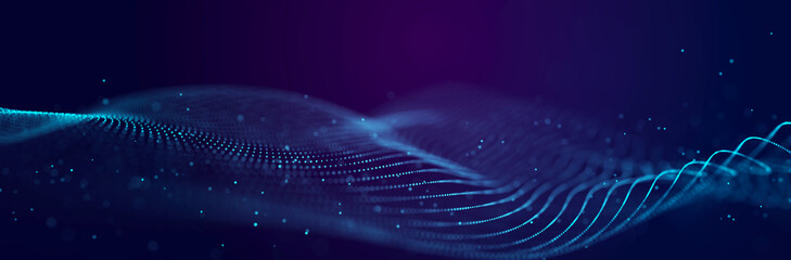 Poster - abstract sound wave web banner. artificial intelligence expressed by moving particles. 3d rendering.