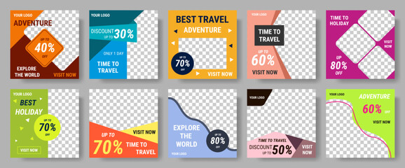 Poster - Travel poster or leaflet design template. Social media post or flyer with photo and text space, advertising frame with transparent layer. Bright cover or web background, vector banner