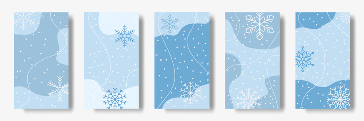 Poster - Winter snowflakes story and post design. Fashion show flyers, light banners with abstract shapes. Blue colors and white flakes, social media background, covers collection. Vector illustration