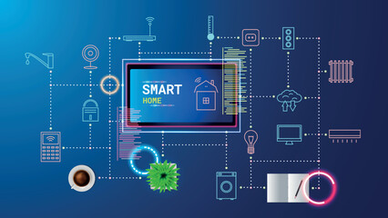 Aufkleber - Smart home technology. Digital tablet IOT software. Network application. House computer. Apartment systems automation control. Management elements connection. Vector illustration concept