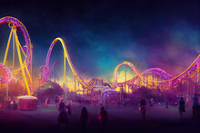 Multi-coloured Digital Art Of Retro Theme Park With Roller Coasters. Neon Vintage Recreational Extreme Amusement Rides In An Attraction Theme Park. Dystopian Illustration Of Theme Park Landscape