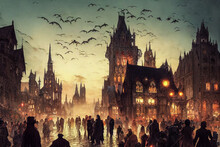 Spooky Digital Illustration Featuring Evening Time In A Gothic Town. Fantasy City Full Of Vampires And Bats With Tall Transylvanian Buildings. Fictional Horror Halloween City In The Middle Ages.