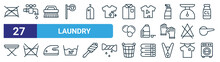 Set Of 27 Outline Web Laundry Icons Such As Not Iron, Water Tap, Brush, Dirty Clothes, Detergent, Do Not Wash, Basket, Washer Vector Thin Line Icons For Web Design, Mobile App.