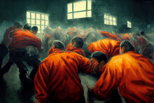 Dramatic Fight Between Prisoners In Jail In A Cinematic Concept Art Illustration. A Group Of Felons And Criminal Men Rioting Against Prison Wardens In An Inmate Riot To Escape Jail. Jail Break.
