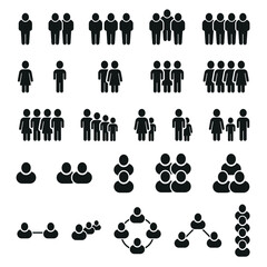 Poster - People icons. Group of employee persons. Business community. Staff members. Team web of line human. Families and workers. Men or women body figures. Vector black silhouette symbols set