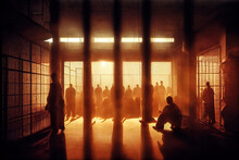 Cinematic Concept Art Of Prison Inmates Sitting And Standing In Jail Cells. Felons And Criminals On Death Row In A Dramatic, Silhouette Illustration. Group Of Confined, Behind Bars Inmates.