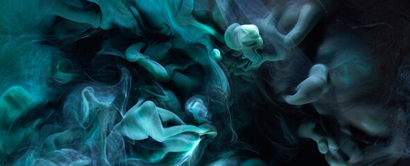 Emerald abstract background, luxury smoke, acrylic paint underwater explosion, cosmic swirling aquamarine ink