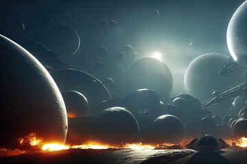 alien planet sci-fi outer space encounter wallpaper 3d illustration with copy space