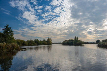 Wall Mural - altocumulus clouds are reflected in the calm water of recreation area reeuwijkse hout, close to goud